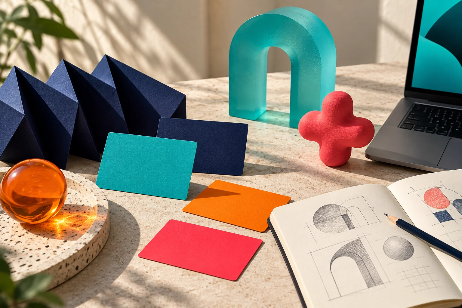 Composición creativa con materiales y formas de la identidad +QMKT