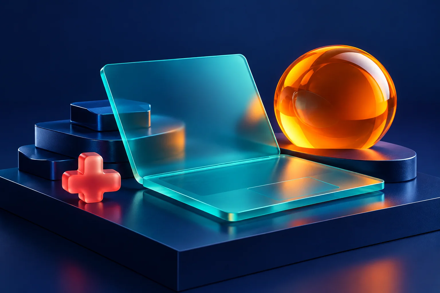 Composición conceptual de tecnología con formas de vidrio y colores +QMKT